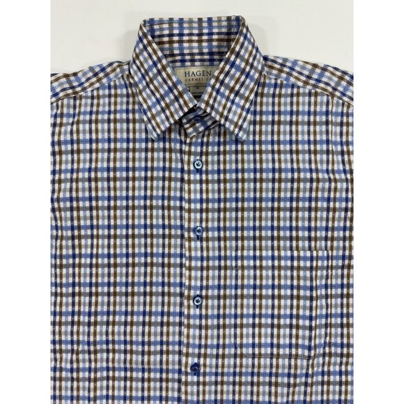 Hagen Carmel CA Shirt Mens Size Medium Blue Brown Check Stripes Business Preppy - Picture 2 of 10